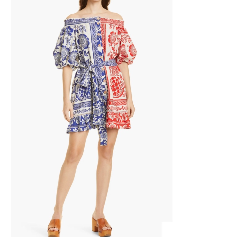 NWT $195 FARM Rio Pineapple Garden Colorblock Linen Blend Off the Shoulder Dress